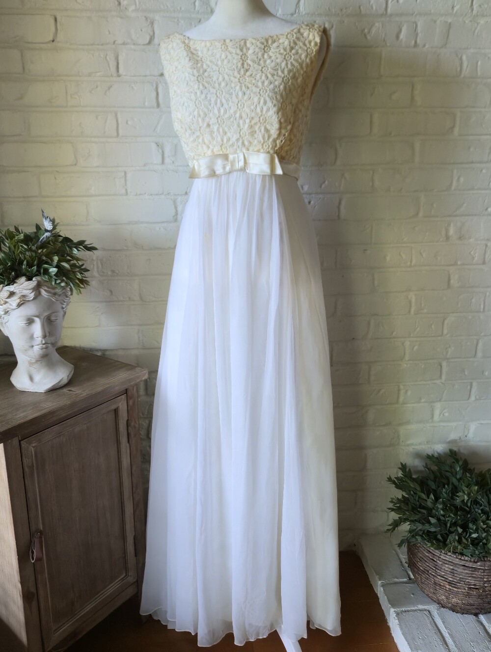 Vtg 60s Embroidered Floral Maxi Dress With Bow Detail, Chiffon, Party, Bridal